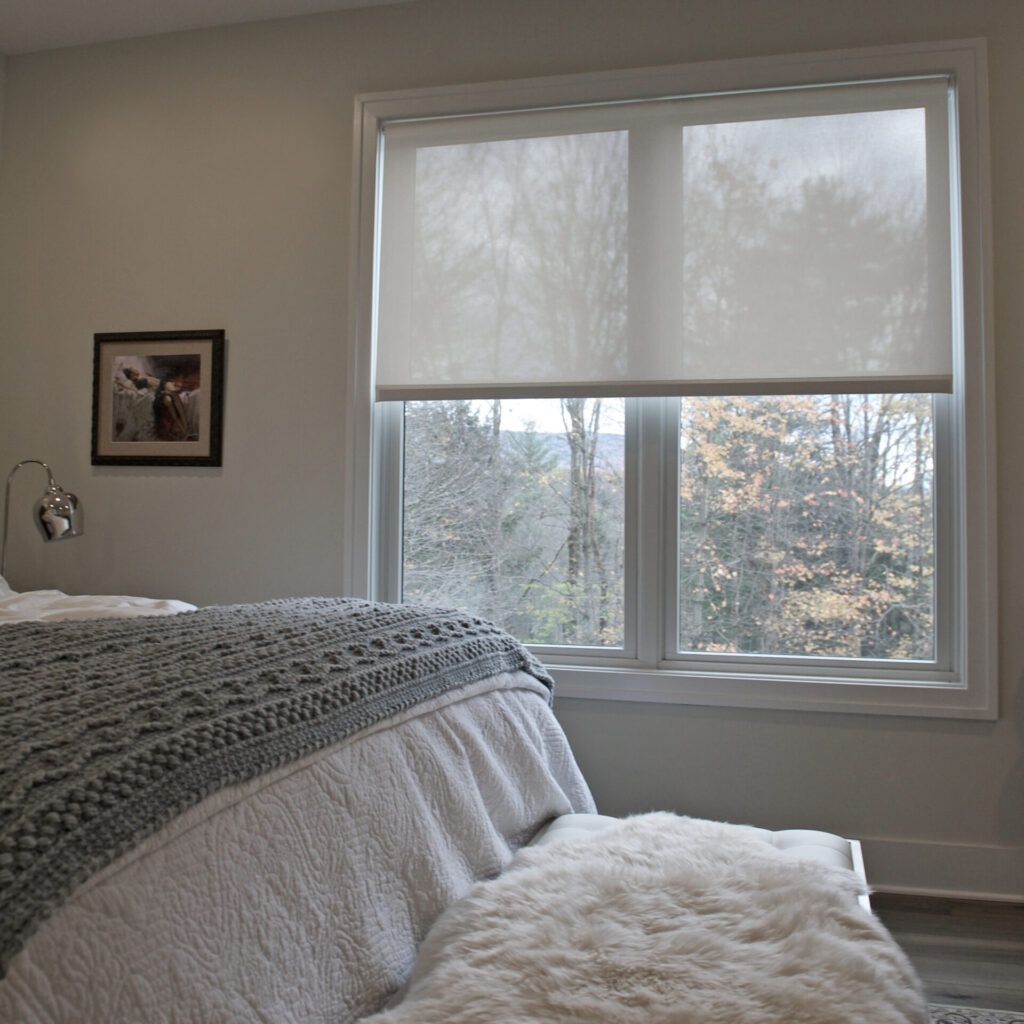 EcoSmart Roller Shades, Motorized, IB, N001-3, Net 3%, White/White, Light Filtering, bedroom