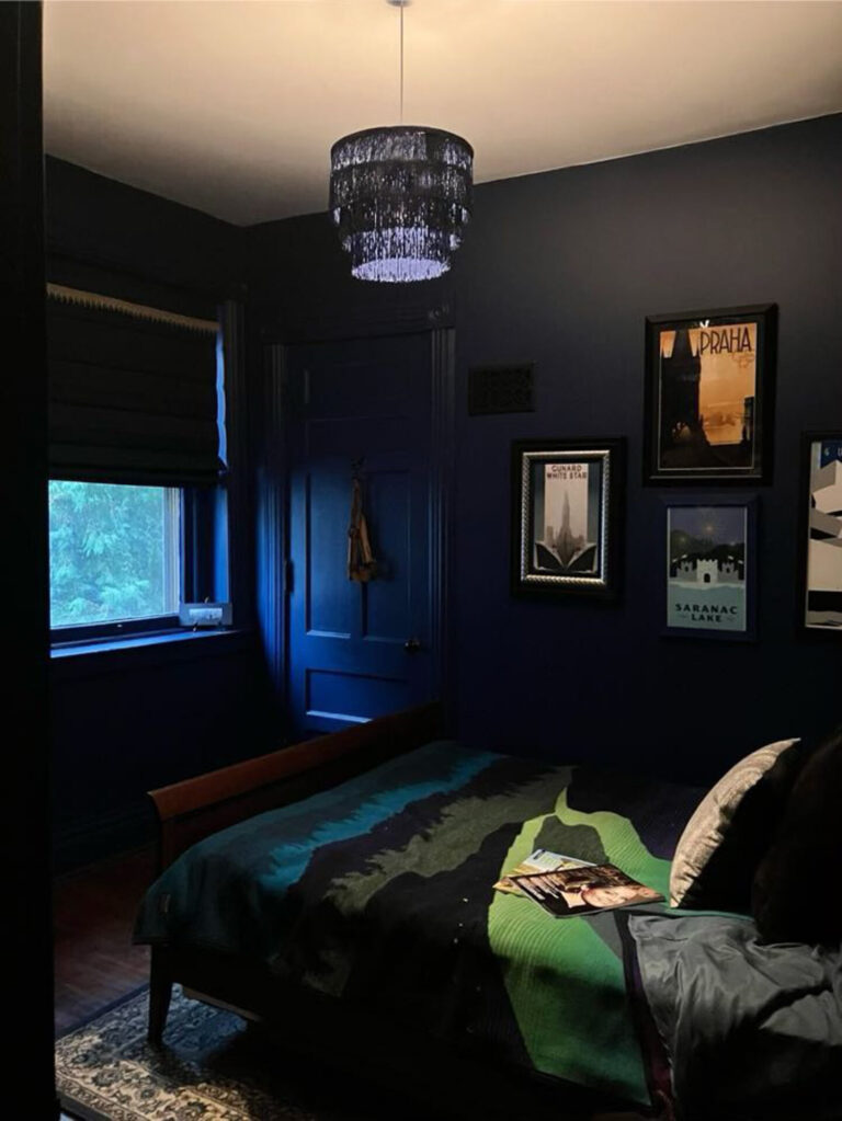 Bedroom, blue walls, art, Roman Shade, IB, Room Darkening, Cordless